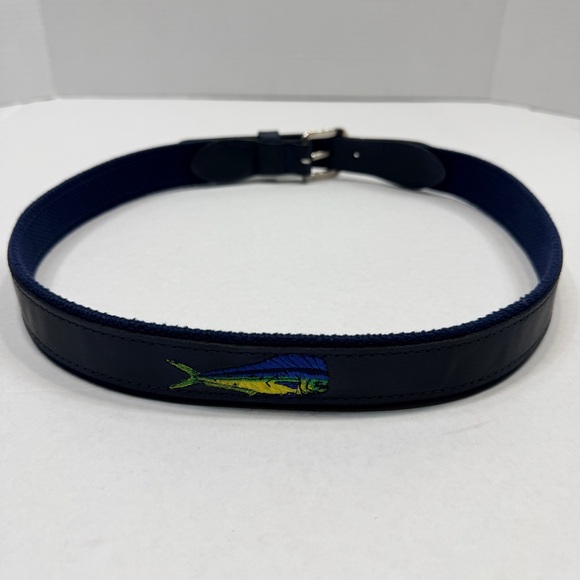 ZEPPELIN Blue Mahi-MahiFish Leather Canvas Belt Brass Buckle Made in USA Mens 34 - Picture 6 of 11